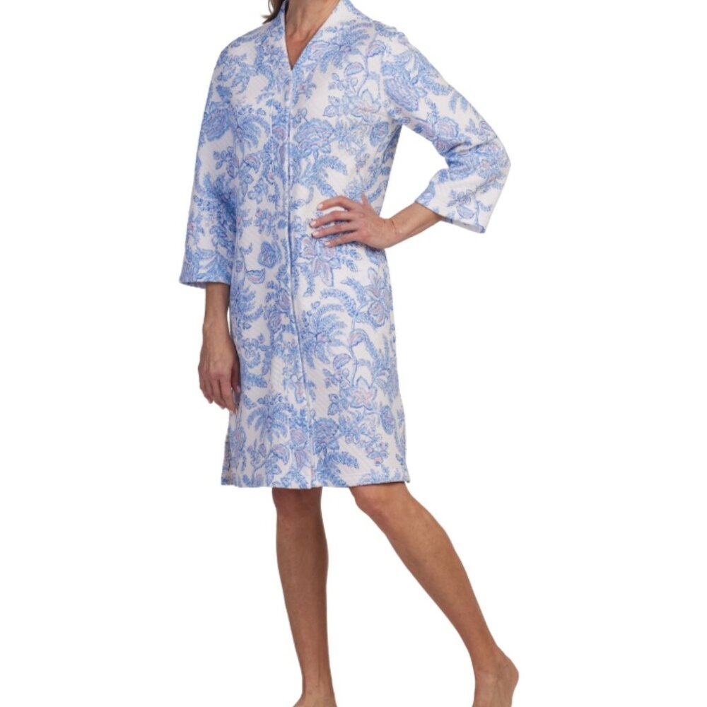 Miss Elaine Women's Quilted Floral Snap-Front Robe - Blue Floral